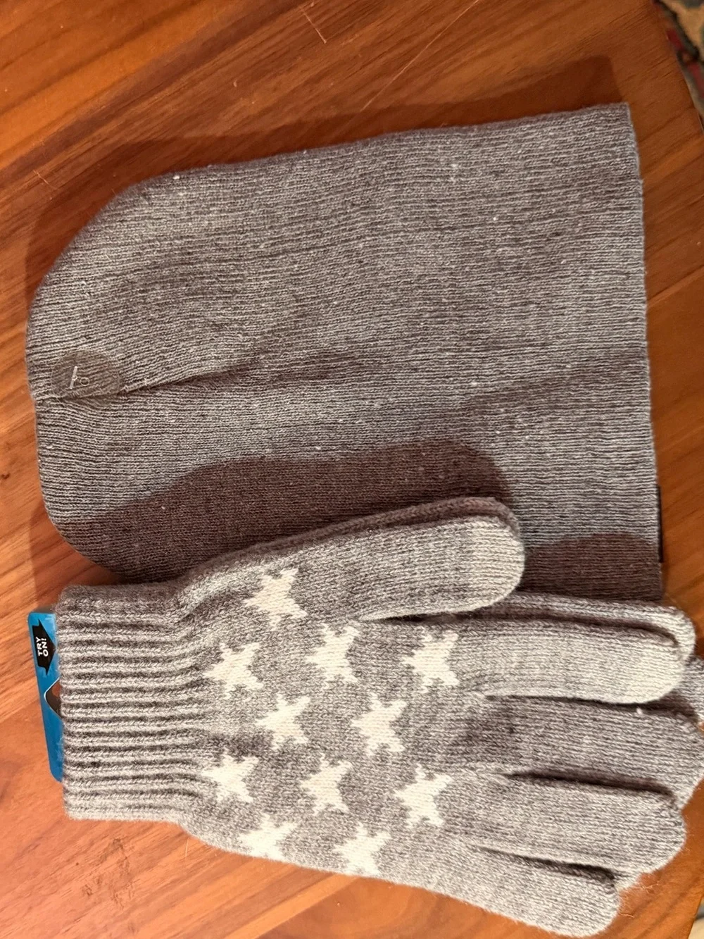 TWO piece gray / orange beanies and one pair of gloves
